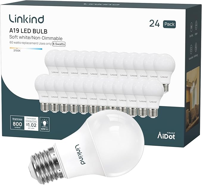 Linkind A19 LED Light Bulbs, 60W Equivalent, 8.5W Energy Efficient, 2700K Soft White Light Bulbs, 800 Lumens Non-Dimmable Bulbs, E26 Standard Base for Bedroom Home Office, 24 Packs