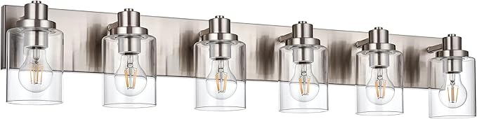 6 Light Vanity Light Brushed Nickel Bathroom Lighting Fixtures Over Mirror, Modern Bathroom Light with Clear Glass Shade, Farmhouse Vanity Lights
