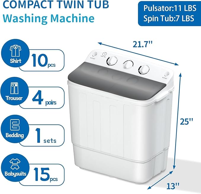 Sportpulse Mini Twin Tub 18lbs Portable Washing Machine, 11lbs Washer & 7lbs Spinner, Small Laundry Washer with Time Control for Camping, Apartments, RV (Black, 18lbs)