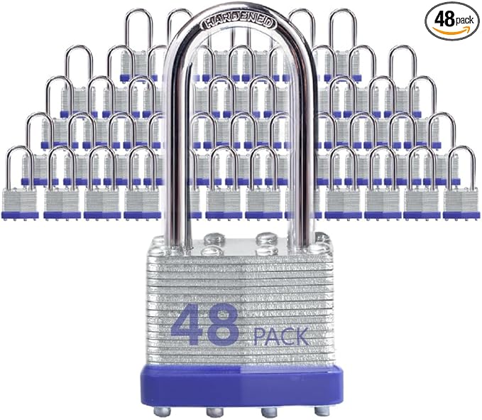 Lock Outdoor Padlocks, Key Lock, Padlocks with Same Key - Laminated Steel Keyed Padlocks with Long Shackle, 48 Pack, for Hasp Latch, Sheds, Fences, Storage Locker, School, Gym