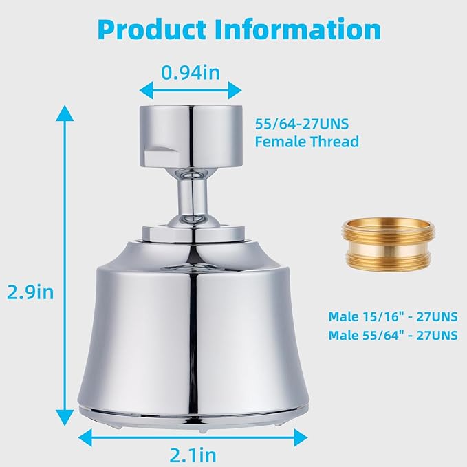 iFealClear Kitchen Sink Faucet Head, 360° Faucet Sprayer Attachment, 55/64-27UNS Large Angle Faucet Aerator Adapter with 2 Metal Swivel Joints, 4 Spray Modes, Extra 15/16" Male Thread Adapters, Chrome