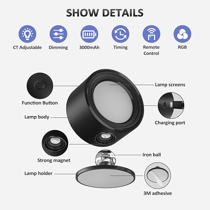 Lightbiz LED Wall Lights 2 Pcs with Remote, RGB Ambience Wall Sconces Lamp 3000mAh Rechargeable Battery Operated, 3 Color Temp & Dimmable Magnetic 360° Rotation Cordless Light for Living Room Bedside