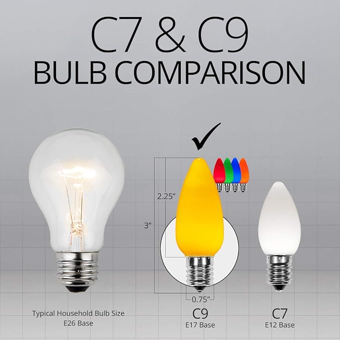 Wintergreen Lighting 25 Pack OptiCore C9 Multicolor Smooth Finish LED Christmas Light Bulbs, Heavy Duty E17 Base Outdoor Christmas Lights Replacement