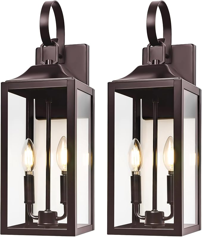 19" Oil Rubbed Bronze Outdoor Wall Lantern 2-Light, Large Outside Modern Sconce Light Fixture, Brown Porch Light Wall Mount with Glass, Waterproof Farmhouse Exterior Lamp Lighting, 2 Pack