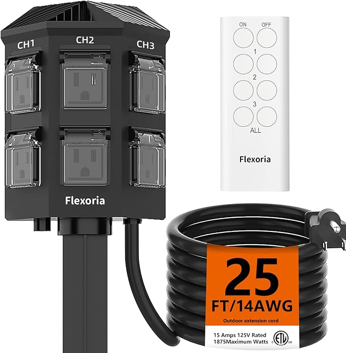 Outdoor Power Stake, 25 Feet Extension Cord Waterproof, Independently Remote Control 3 Sets of Outlets, 6 Grounded Outlets for Garden, Patio, Outdoor Decor, ETL Listed