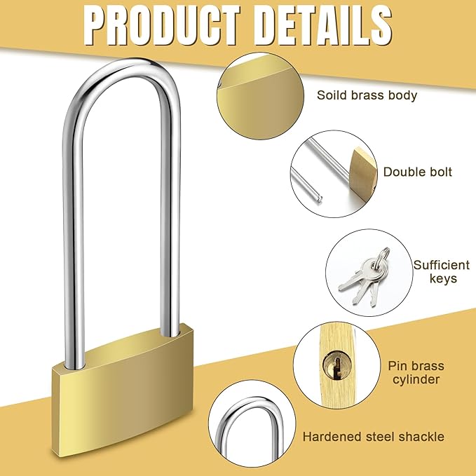12pcs Solid Brass Keyed Padlock, Small Yellow Gym Lock, Long Lock for Sheds Strong Padlock with Same Key for Luggage Toolbox (40mm 1-9/16")