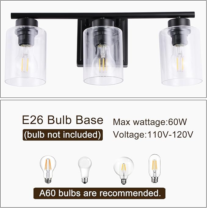3 Light Bathroom Light Fixtures, 19.2 Inches Bathroom Lighting Fixtures Over Mirror, Black Vanity Light with Clear Glass Shades