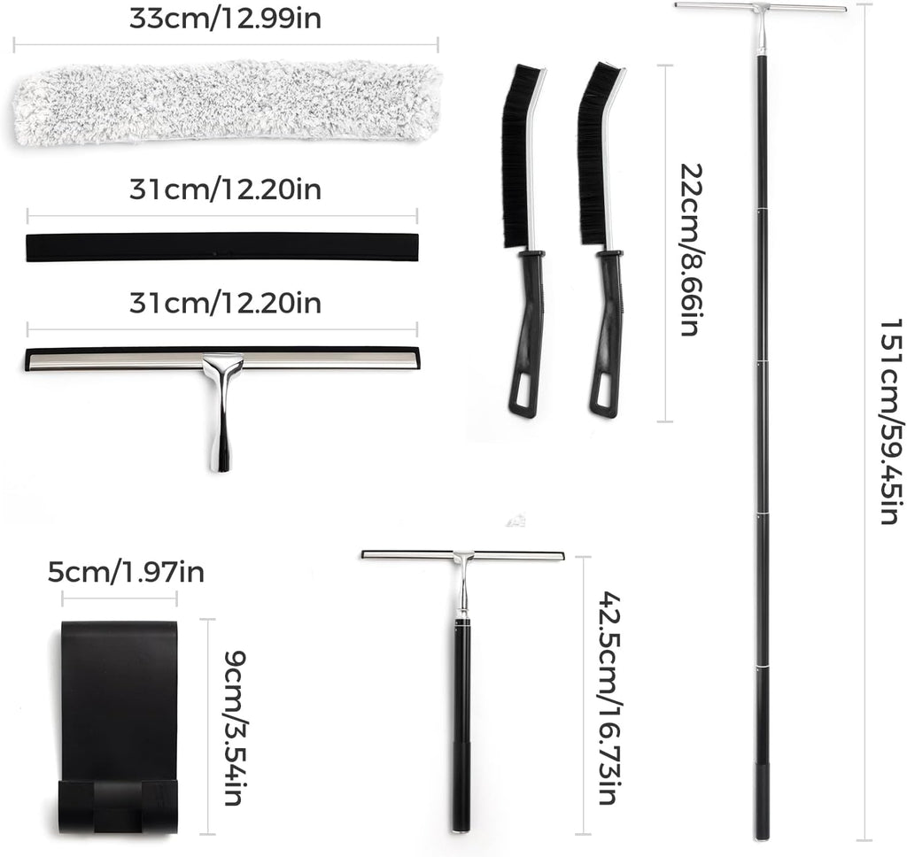 59.5" Long Handle Window Squeegee with Extension Pole, 12.4" Wide Metal Shower Squeegee for Glass Doors, Floor Squeegee for Home Window Cleaning, Tile Wall, Car