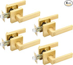 EHOMEWARE 4 Pack Door Knobs Interior Handle Set in Satin Brass Finish, Privacy Bedroom Bathroom Door Lever Set Without Keys, Gold Door Handles