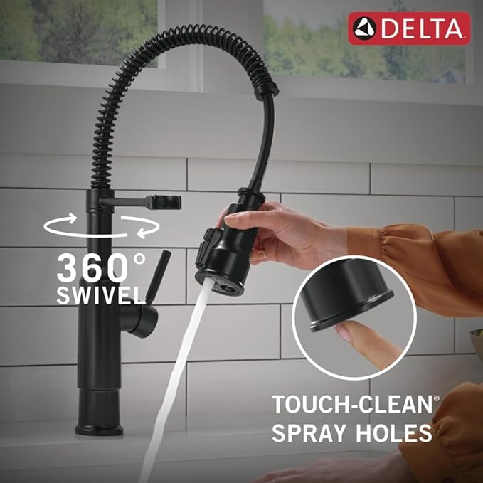 Delta Theodora Pro Style Commercial Kitchen Faucet with Pull Down Sprayer, Single Hole Matte Black Kitchen Sink Faucet, Single Handle, Matte Black 18804Z-BL-DST