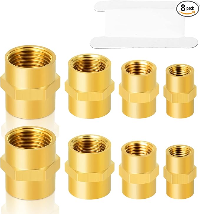 GASHER 8PCS Brass Pipe Fitting Hex Coupling Kit 1/8 inch 1/4 inch 3/8 inch 1/2 inch