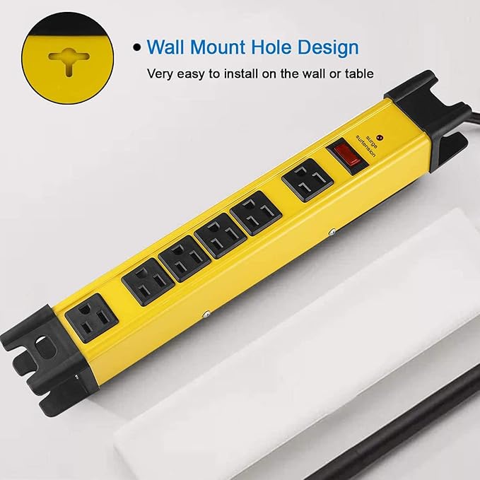 Heavy Duty Power Strip Surge Protector - 6 Outlet Industrial Strip With 15A, 15 FT Cord, 1200 Joules - ETL Listed Yellow Metal for Shop, Workshop, Garden