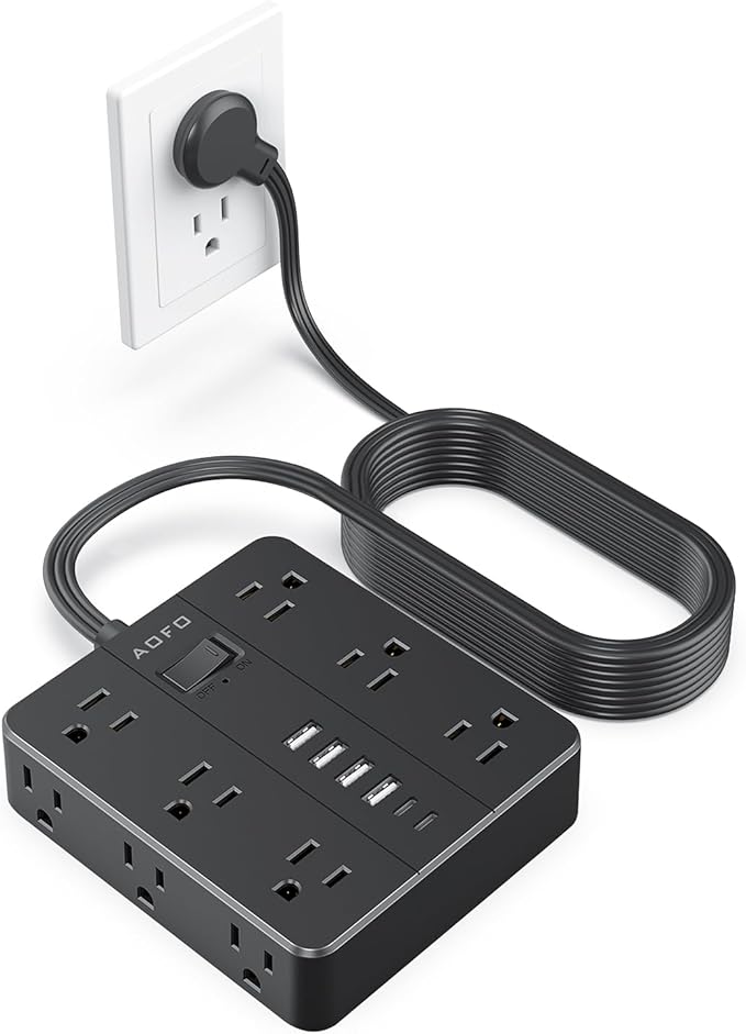 15FT Surge Protector Power Strip,12 AC Outlets with 6 USB Ports (2 USB-C), Flat Plug Extension Cord with Multiple Outlets, Wall Mount for Home Office,Dorm, Black