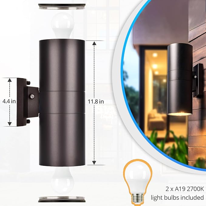 wowlite Modern Outdoor Wall Light with Dusk to Dawn Sensor 2 Pack, LED Cylinder Up Down Wall Light Outdoor 2700K Warmlight Bronze Exterior Light Fixture, IP65 Waterproof Wall Sconce for Porch Garage