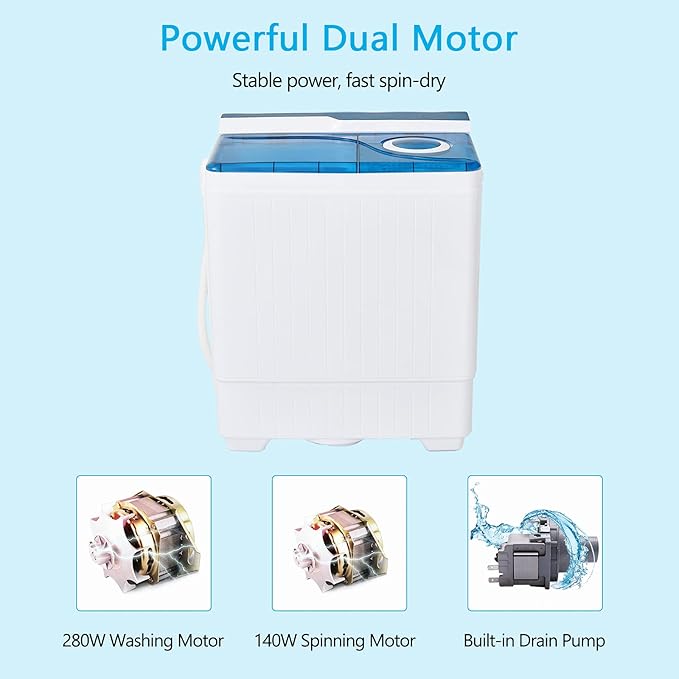 COSTWAY Portable Washing Machine Twin Tub 26 Lbs Capacity, 18 Lbs 8 Lbs Spinner, Compact Control Knobs Timer Function, Drain Pump, Laundry washer, for Apartment RV, Blue