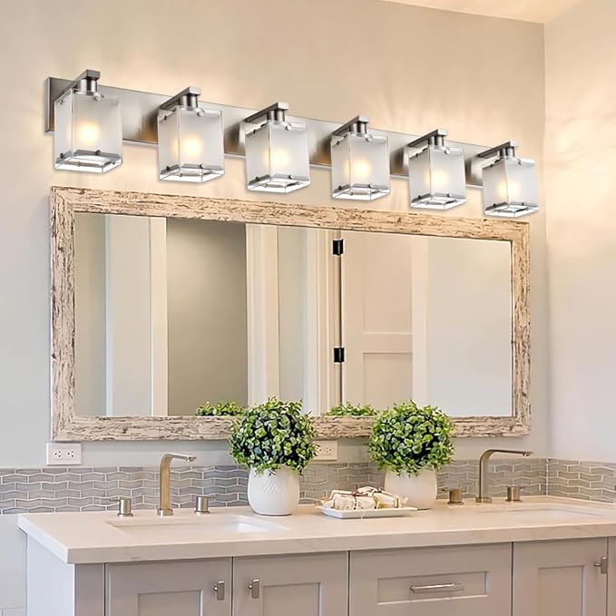 6-Lights Bathroom Vantiy Light Over Mirror, Modern Black Vanity Lighting Fixtures with Rectangular Frosted Glass Shades for Bath Kitchen Wall Mounted, E26 Bulb Base