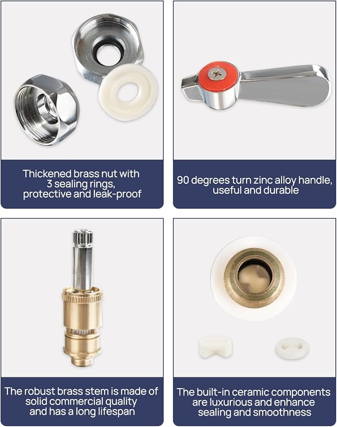 LEAD-FREE Faucet Handle Repalcement Valve Stem Assembly, Commercial Faucet Parts for Kitchen Sink Faucet, Brass Constructed with Ceramic Disc, A Pair of Red for Hot and Blue for Cold