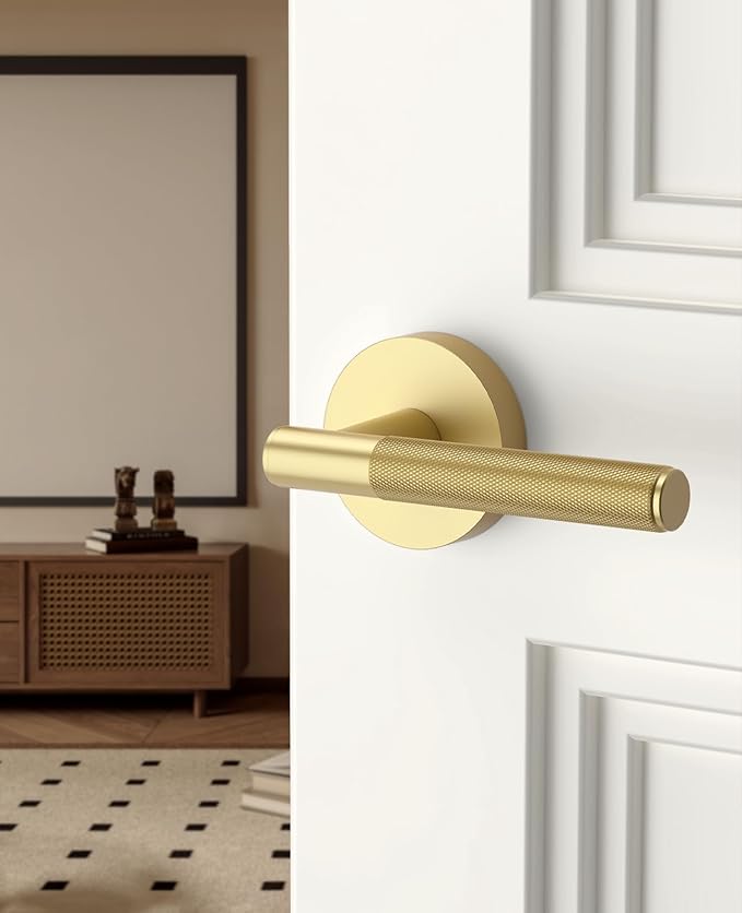 Asidrama 1 Pack Passage Gold Door Handles, Door Lever with Door Knobs Indoor for Bedroom or Bathroom, Heavy Duty Brushed Gold Door Handles Interior with Locks for Left Right Sided Doors
