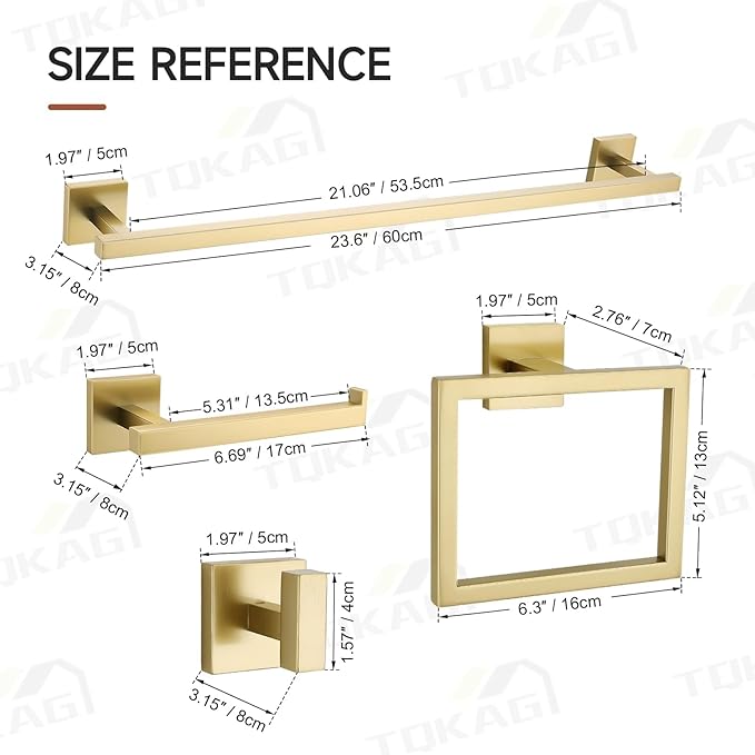 TQKAG 5-Piece Bathroom Accessories Set Brushed Gold Bathroom Hardware Set SUS304 Stainless Steel Classic Wall Mounted Towel Bar Sets 23.6" Towel Rack for Bathroom, Brushed Gold