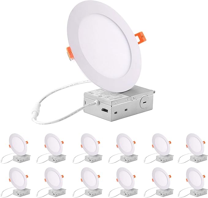 ZYC Recessed Lighting 6 Inch - 12W Ultra-Thin LED Ceiling Lights,2700-5000K Selectable,5CCT Dimmable Canless Wafer Downlight,1100LM Hight Brightness,Dimmable Can Light,Pack of 12 White.