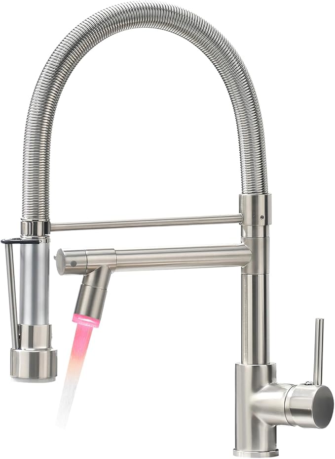 Fapully Kitchen Faucets with Pull Down Sprayer,Commercial Single Handle Kitchen Sink Faucet with LED Light,Brushed Nickel