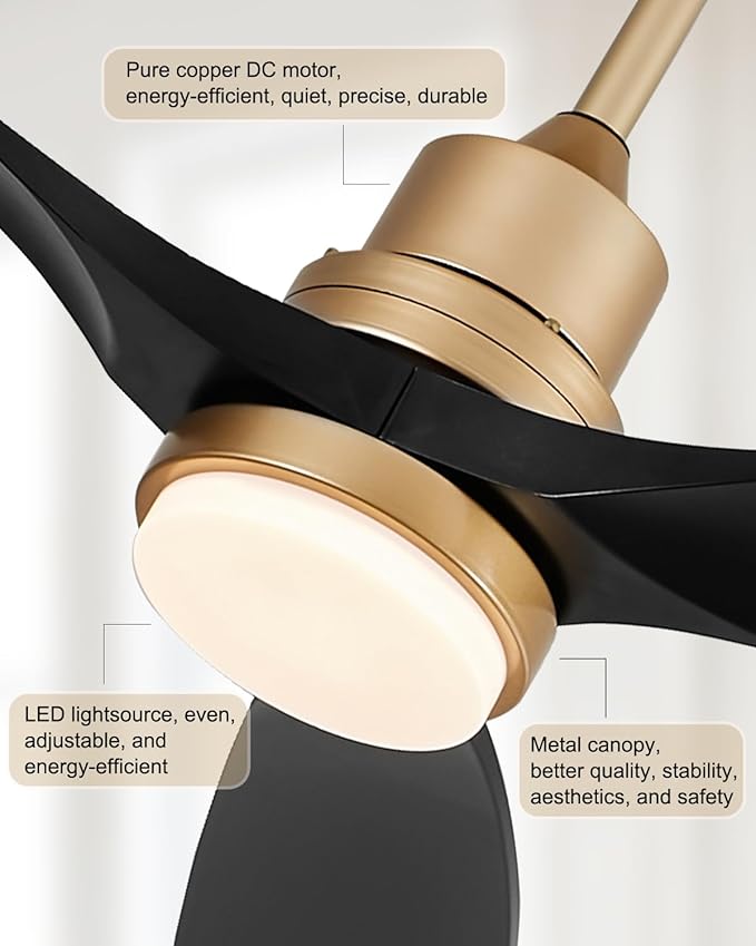 52" Modern Black and Gold Ceiling Fan with Lights and Remote, ETL Listed, 3 Downrods, 3 Wood Blade Gold Black Ceiling Fans, Reversible Quiet DC Motor, 3 Timer for Outdoor Patio Waterproof Bedroom