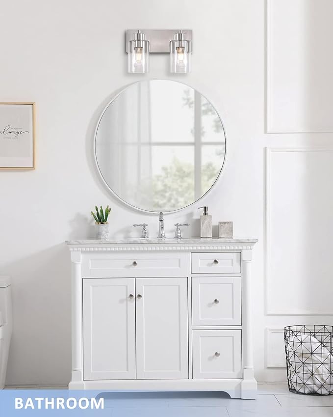 Bathroom Light Fixtures, 2-Light Brushed Nickel Bathroom Vanity Light, Modern Wall Sconces with Clear Glass Shade for Hallway Kitchen Foyer