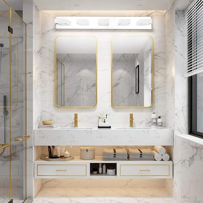 Ralbay Modern Chrome Bathroom Lights with 5 LEDs - Acrylic Finish Over Mirror, Natural White Light