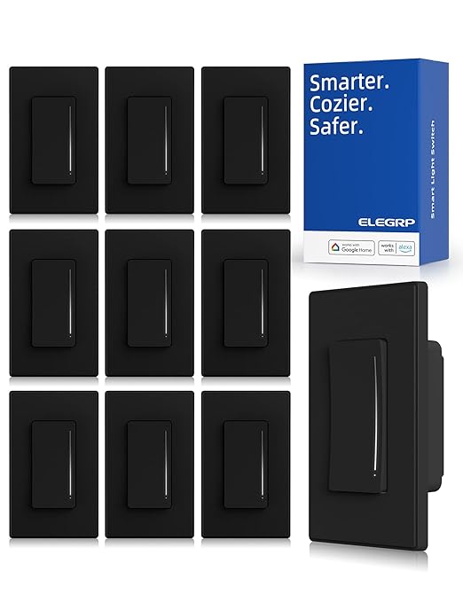 ELEGRP Smart Dimmer Light Switch DTR30, Single Pole or 3 Way, 2.4GHz Wi-Fi Touch Dimmer Compatible with Alexa/Google Assistant, Needs Neutral Wire, No Hub Required, UL and FCC Listed, Black, 10 Pack