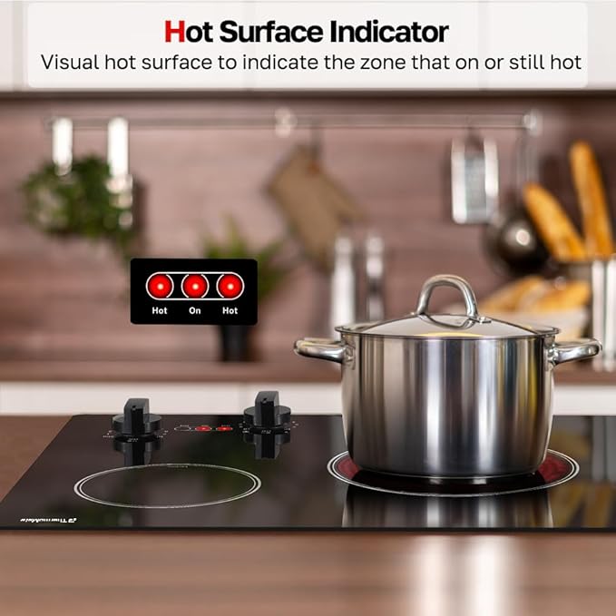 Apartment Electric Cooktop, ThermoMate 21 Inch Built-in Radiant Electric Stove Top, 3700W Ceramic Stove Top with 2 Burners, UL Certified, Knob Control, 240V