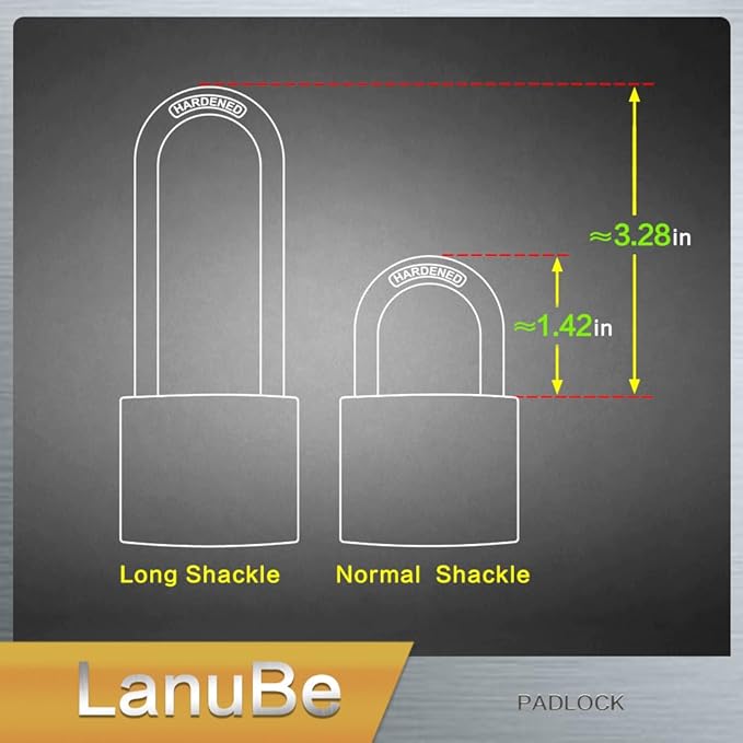 LanuBe 304 Stainless Steel Keyed Alike Padlocks for Outdoor use, Pin Tumbler Padlock, 2 inch Wide Body, Stainless Steel Body Long Shackle, Pack of 2