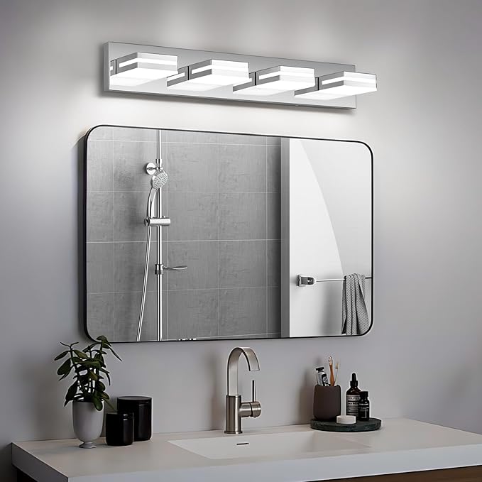 Modern LED Bathroom Lights Fixtures(4-Light),Metal Chrome Acrylic Wall Lighting,Vanity Lights for Bathroom Over Mirror(6000k 27In