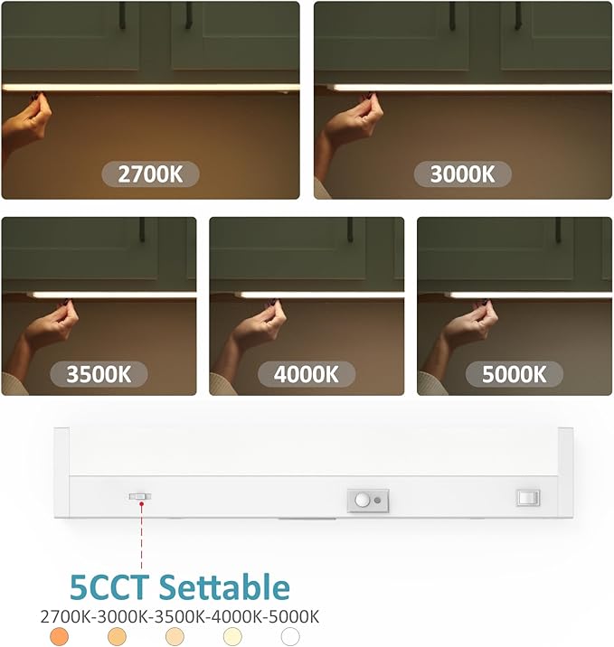 Under Cabinet Lighting Motion Sensor Hardwired, 18 Inch 9W Dimmable, 5 CCT 2700/3000/3500/4000/5000K, Eyes Care Design Linkable Under Counter Lights for Kitchen, Sink, ETL Listed, White