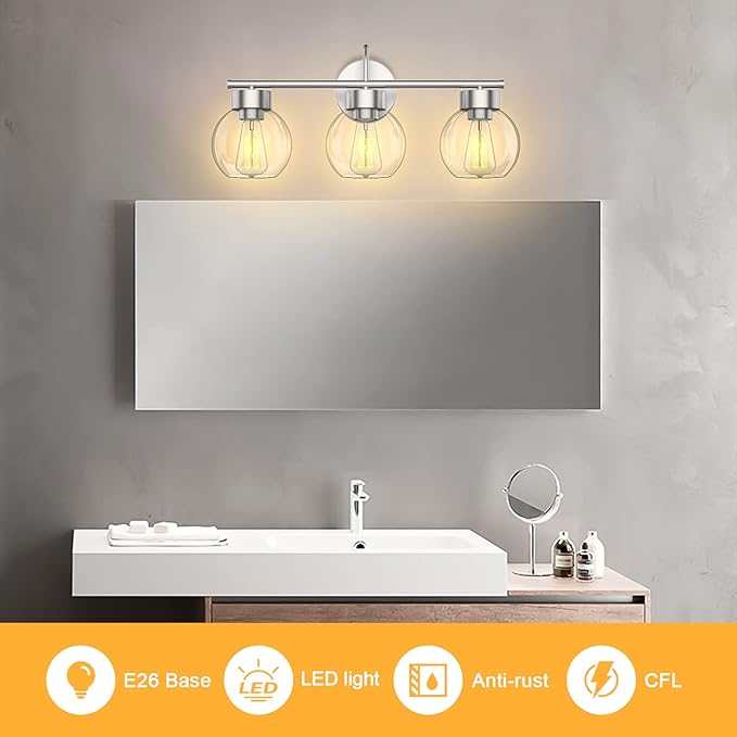 EAPUDUN 3 Light Bathroom Vanity Light, Brushed Nickel Bathroom Light Fixtures with Clear Glass Shade Wall Sconce, Porch Wall Lamp for Mirror, WLA1435-BNK