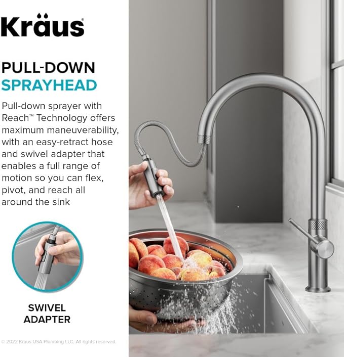 KRAUS Oletto Modern Industrial Pull-Down Single Handle Kitchen Faucet in Brushed Gold, KPF-2654BG