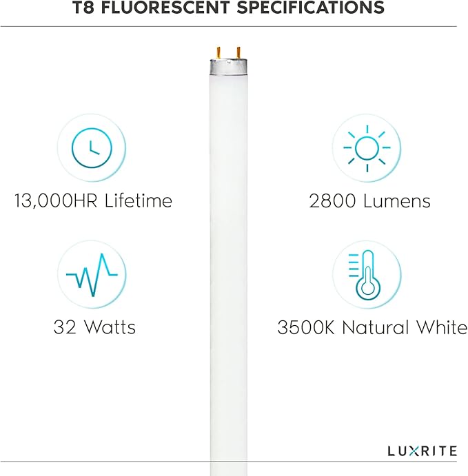 LUXRITE F32T8/835 – 32W 48 Inch T8 Fluorescent Tube Light Bulb, 3500K Natural White, 2800 Lumens, 1-Inch Diameter (Not T12), G13 Bi-Pin Base, 4-Pack