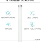 LUXRITE F32T8/835 32W 48 Inch T8 Fluorescent Tube Light Bulb, 3500K Natural White, 2800 Lumens, G13 Medium Bi-Pin Base, LR20740, 6-Pack