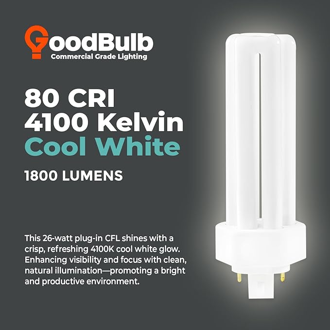 GoodBulb 26 Watt CFL Light Bulbs 4 Pin GX24Q-3 Base 4100K Cool White 26W High Output 1800 Lumens Triple Tube Compact Fluorescent Light Bulbs Plug-in 10 Pack