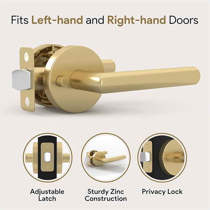 Mega Handles Ronn Privacy Lever & Lock Door Handle Set for Hallway, Closet and Bathroom, Keyless Lock, Heavy Duty Door Levers, Fits All Standard Door Sizes, Screws Included - Satin Brass (1 Pack)