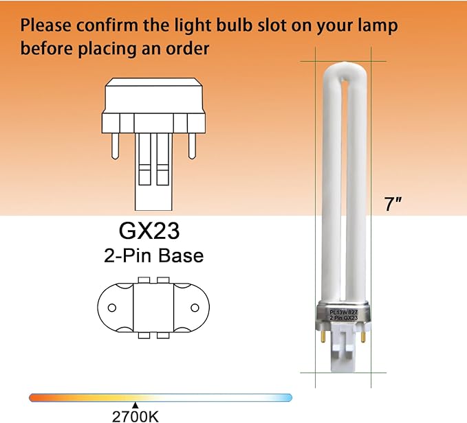 13 Watt Single Tube 2 Pin GX23 Base,PL-13W GX23 2700K,800 Lumens,82 CRI,T4 Shape, Replaces Philips PLS13W827,TCP 32013,Sylvania CF13DS/827/ECO PLS 13W 827,PL13/SP27K-6 Pack