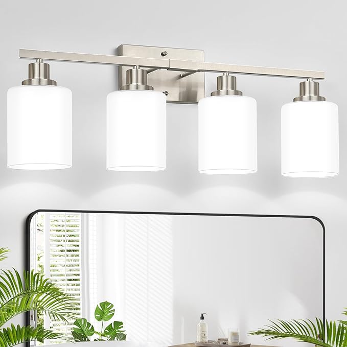 4-Light Vanity Light with Milky White Shades, Brushed Nickel Bathroom Lighting Fixtures Over Mirror, Modern Bathroom Wall Lamp for Mirror Living Room Cabinet Bedroom
