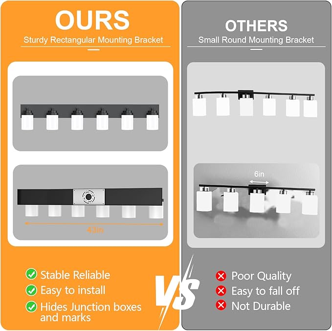 IZORRO Bathroom Vanity Light Fixture, 6-Light 43 Inch Matte Black Bathroom Light Fixtures Over Mirror, with White Glass Shade, Modern Farmhouse Vanity Lights, Rustic Restroom Lighting Fixtures