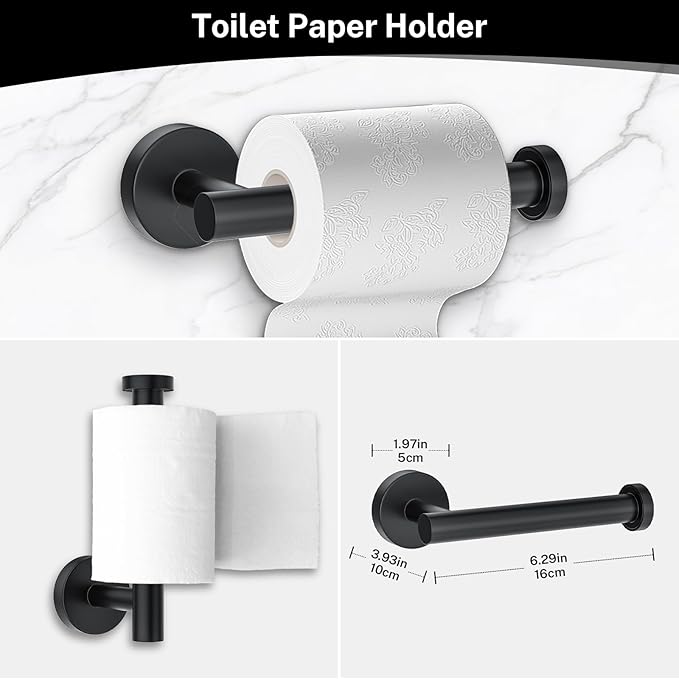 4-Piece Matte Black Bathroom Hardware Accessories Set,Black Towel Ring Set Toilet Paper Holder,Robe Hooks,Stainless Steel Wall Mounted Rustproof Modern Bathroom Set