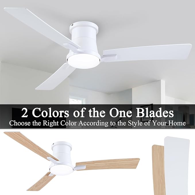 52 Inch Ceiling Fans with Lights,White Modern Flush Mount Ceiling Fans,Low Profile Ceiling Fan for Bedroom,Courtyards,Living Room,3CCT Dimmable,6-Speed Reversible,Noiseless&Quiet Motor,ETL Listed
