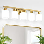 Brushed Gold Bathroom Vanity Light,5-Light Bathroom Light Fixtures with Square Frosted Glass,Gold Bathroom Wall Lamp Sconces for Mirror Bedroom,Living Room Hallway,E26