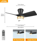 30" Black low profile Ceiling Fan with Light, with Gold Trim Ring, Large Air Volume, flush mount ceiling fan for Bedroom Kitchen Dining room Patio