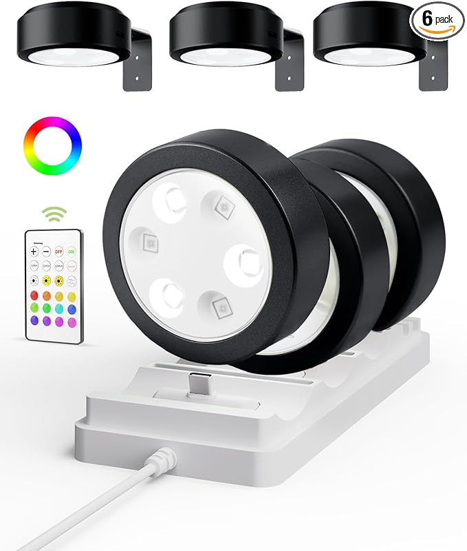 EZVALO Picture Lights for Wall with Charging Station, Rechargeable Battery Magnetic Poster Lights with 3 Color Temps & 12 RGB, Remote Dimmable Timer, Wall Decor Light for Art Display (6 Pack)