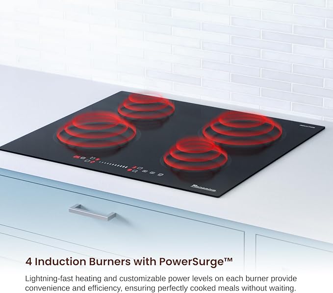 Rangaire RCI241S 24" Induction Cooktop, 6700W, 4 Burners, Built-in Stove Top, Booster & Timer, 9 Power Levels, Slide Touch Control, Child Safety Lock, 240V Hard Wire, Ceramic Surface
