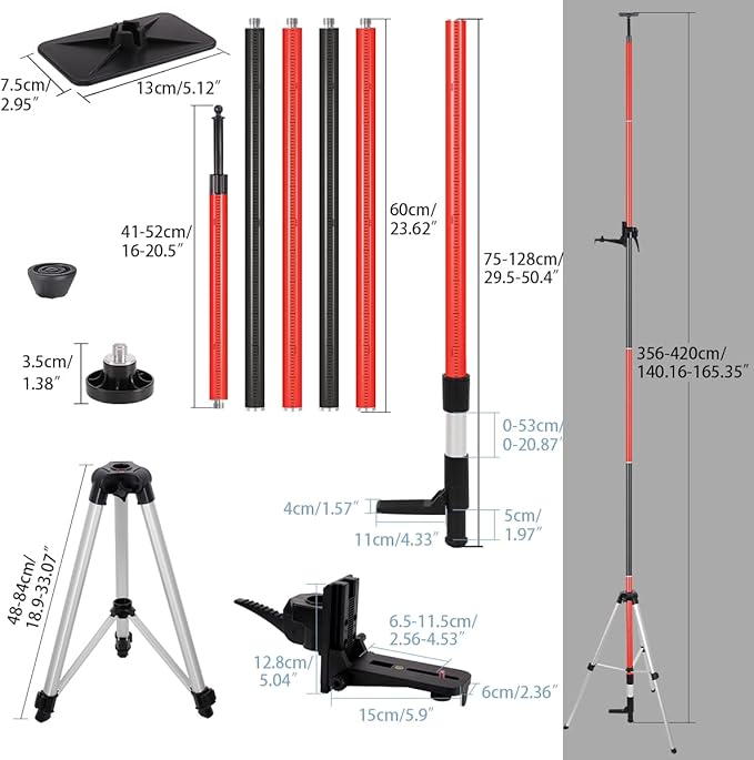13.7 Ft./4.2M Professional Lasers Level Pole with Tripod, Adjustable Telescoping Pole for Leveling Tools, Multi-functional Fine-tuning Bracket with 1/4” and 5/8” Thread Adapters, Includes Carrying Bag