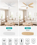 Ceiling Fans with Lights, 42 inch Ceiling Fans with Lights and Remote, Dimmable, Noiseless, Low Profile Ceiling Fan with Light for Bedroom, Indoor and Outdoor Use(White)